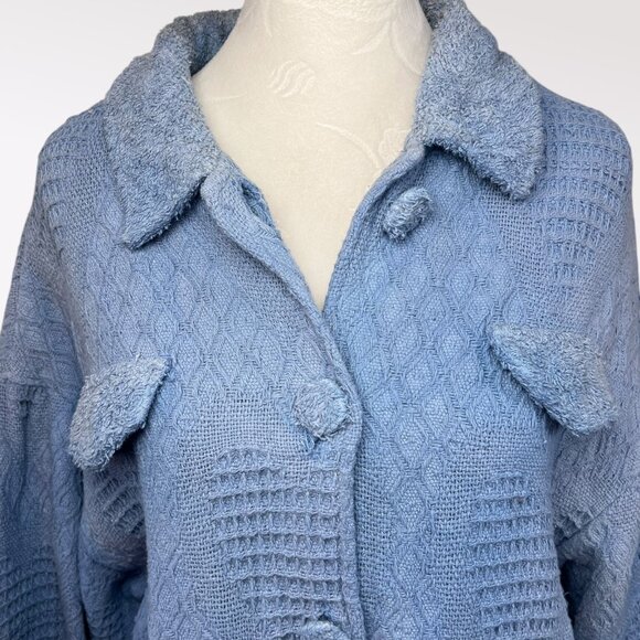 Styles To Go Blue Textured Knit Button Front Sweater Jacket Cotton Size Large - Picture 2 of 9